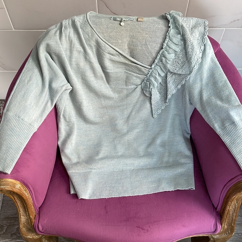 ANTHROPOLOGIE KNITTED & KNOTTED 3/4 SLEEVE BLUE SWEATER SZ S 💯 %Wool